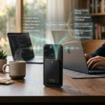 スマートフォンに装着したVocaLinkが、音声をプロジェクトのメモやタスクに整理して可視化している様子。